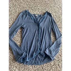 Free People Blue Ribbed Cardigan Button Front Lace Trim Long Sleeve